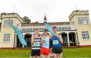 7 March 2015; On the podium after the Junior Boy's race are, first placed Darragh McElhinney, Colaiste Pobail Bheanntri, centre, second placed Sean Corry Omagh CBS, right, and third placed Adam Fitzpatrick, St Kieran's College, Kilkenny, at the GloHealth All Ireland Schools Cross Country Championships. Clongowes Wood College, Co. Kildare. Picture credit: Ramsey Cardy / SPORTSFILE