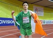 8 March 2015; Ireland's Mark English celebrates after his Men's 800m Final event, where he finished in second position with a time of 1:47.20. European Indoor Athletics Championships 2015, Day 4, Prague, Czech Republic. Picture credit: Pat Murphy / SPORTSFILE