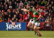 8 March 2015; Mark Ronaldson, right, Mayo, celebrates after scoring his side's 1st goal, with team-mate Aidan O'Shea. Allianz Football League, Division 1, Round 4, Derry v Mayo, Celtic Park, Derry. Photo by Sportsfile