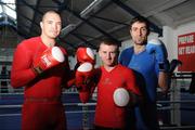 14 February 2008; Ireland's Paddy Barnes, light flyweight, centre, Cathal McMonagle, Super Heavyweight, left, and Kenny Egan, Heavyweight, right, after the Ireland boxing team were presented with official Skins training gear by Lee Sports. The Irish boxing team depart for their training camp tomorrow, 15th Feb, in Rome, Italy, ahead of the crucial Olympic qualifying tournament which gets underway in Pescara, Italy on Feb 24th. National Boxing Stadium, South Circular Road, Dublin. Picture credit: Pat Murphy / SPORTSFILE  *** Local Caption ***