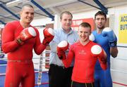 14 February 2008; Ireland's Paddy Barnes, light flyweight, centre, Cathal McMonagle, Super Heavyweight, left, and Kenny Egan, Heavyweight, right, with Dave McCarthy, Lee sports, after the Ireland boxing team were presented with official Skins training gear by Lee Sports. The Irish boxing team depart for their training camp tomorrow, 15th Feb, in Rome, Italy, ahead of the crucial Olympic qualifying tournament which gets underway in Pescara, Italy on Feb 24th. National Boxing Stadium, South Circular Road, Dublin. Picture credit: Pat Murphy / SPORTSFILE  *** Local Caption ***