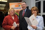 12 February 2008; Karen Gunn, left, President of the ISCP, with Ruaidhri O'Connor, Chief Executive of the ISCP and Fiona McGrath, President of the ISCP, at the launch of the Irish Society of Chartered Physiotherapists new logo. The logo design includes a hand to symbolise the manual skills used by the chartered physiotherapists, a book to symbolise their members qualifications and continuing commitment to education and lastly a sine curve to represent the electrical modalities used in treatment. St. James's Hospital, James's Street, Dublin. Picture credit: David Maher / SPORTSFILE