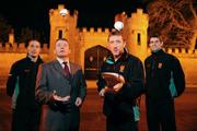 12 February 2008; Pictured outside Birr Castle after the AIB Club Championship Semi-Final Press Conference in Marian Hall, Birr, are, from left, Niall Claffey, AIB Birr bank manager Dave Bolger, captain Brian Whelahan and Rory Hannifey. Birr will take on Dunloy in the AIB Club Hurling Championship semi-final in in Clones on February 24th. Birr Castle, Birr, Co. Offaly. Photo by Sportsfile  *** Local Caption ***