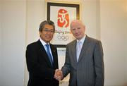 13 February 2008; The Olympic Council of Ireland met with the Japanese Olympic Committee to agree a memorandum of understanding between the two Olympic Governing Bodies ahead of the 2012 Summer Olympic Games being held in London. The memorandum relates to the hosting of the Japanese Olympic squad to acclimatise in Ireland immediately before for the 2012 Olympics. Pictured at the meeting are, Mr. Tsunekazu Takeda, President of the Japanese Olympic Committee, with Pat Hickey, President, Olympic Council of Ireland. Olympic House, Harbour Road, Howth, Co. Dublin. Picture credit: Brendan Moran / SPORTSFILE  *** Local Caption ***