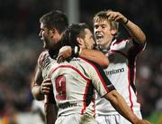 15 February 2008; Ulster's Isaac Boss is congratulated by Bryan Young and Niall O'Connor after scoring the fourth try. Magners League, Ulster v Dragons, Ravenhill Park, Belfast, Co. Antrim. Picture credit; Oliver McVeigh / SPORTSFILE