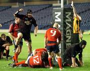 15 February 2008; Edinburgh Rugby's Matt Mustchin, left, celebrates Ben Meyer's try. Magners League, Edinburgh Rugby v Munster, Murrayfield, Edinburgh, Scotland. Picture credit; Dave Gibson / SPORTSFILE
