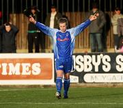 16 February 2008; Dungannon Swifts' Mark McAllister celebrates after setting up the first goal. Carnegie League Premier Division, Dungannon Swifts v Cliftonville, Stangmore Park, Dungannon, Co. Tyrone. Picture credit; Oliver McVeigh / SPORTSFILE