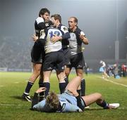 16 February 2008; Leinster's Michael Berne, 12, is congratulated by team-mate's, from left, Shane Horgan, Christian Warner and Keith Gleeson after scoring his side's first try as Jamie Robinson, Cardiff Blues, fall to the ground. Magners League, Leinster v Cardiff Blues, RDS, Ballsbridge, Dublin. Picture credit; Stephen McCarthy / SPORTSFILE