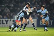 16 February 2008; Shane Horgan, Leinster, is tackled by Gareth Thomas and Jamie Roberts, right, Cardiff Blues. Magners League, Leinster v Cardiff Blues, RDS, Ballsbridge, Dublin. Picture credit; Stephen McCarthy / SPORTSFILE