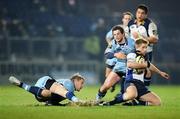 16 February 2008; Luke Fitzgerald, Leinster, is tackled by Jamie Robinson, left, and Nick Macleod, Cardiff Blues. Magners League, Leinster v Cardiff Blues, RDS, Ballsbridge, Dublin. Picture credit; Stephen McCarthy / SPORTSFILE