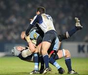 16 February 2008; Gareth Thomas, Cardiff Blues, is tackled by Cameron Jowitt, scrum-cap, and Christian Warner, Leinster. Magners League, Leinster v Cardiff Blues, RDS, Ballsbridge, Dublin. Picture credit; Stephen McCarthy / SPORTSFILE