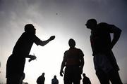 17 February 2008; Referee Michael Duffy throws up the coin between Donegal captain Kevin Cassidy, right, and Mayo captain Peadar Gardiner before the start of the game. Allianz National Football League, Division 1, Round 2, Mayo v Donegal, McHale Park, Castlebar, Co. Mayo. Picture credit; David Maher / SPORTSFILE