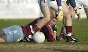 17 February 2008; Galway's Finian Hanley looks on as goalkeeper Adrian Flaherty gains possession. Allianz National Football League, Division 1, Round 2, Kildare v Galway, St Conleth's Park, Newbridge, Co. Kildare. Picture credit; Gavin McDowell / SPORTSFILE