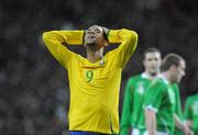 6 February 2008; Luis Fabiano, Brazil, reacts after missing a chance. International Friendly, Republic of Ireland v Brazil, Croke Park, Dublin. Picture credit; Pat Murphy / SPORTSFILE *** Local Caption ***