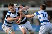 8 March 2015; Ruadhan Byron, Belvedere College, is tackled by Jack Stapleton, left, and Adam Thompson, Blackrock College. Bank of Ireland Leinster Schools Junior Cup, Semi-Final, Belvedere College v Blackrock College, Donnybrook Stadium, Donnybrook, Dublin. Picture credit: Cody Glenn / SPORTSFILE