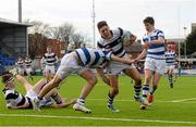 8 March 2015; Sam Barry, Belvedere College, scores his side's first try despite the efforts of David Colgan, Blackrock College. Bank of Ireland Leinster Schools Junior Cup, Semi-Final, Belvedere College v Blackrock College, Donnybrook Stadium, Donnybrook, Dublin. Picture credit: Cody Glenn / SPORTSFILE