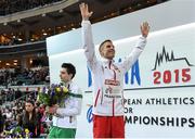 8 March 2015; Ireland's Mark English looks on as winner Marcin Lewandowski, Poland, celebrates after their Men's 800m Final event, where he finished in second position with a time of 1:47.20. European Indoor Athletics Championships 2015, Day 4, Prague, Czech Republic. Picture credit: Pat Murphy / SPORTSFILE