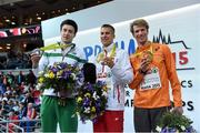8 March 2015; Ireland's Mark English with third placed finisher Thijmen Kupers, The Netherlands, right, and winner Marcin Lewandowski, Poland, centre, after their Men's 800m Final event, where he finished in second position with a time of 1:47.20. European Indoor Athletics Championships 2015, Day 4, Prague, Czech Republic. Picture credit: Pat Murphy / SPORTSFILE