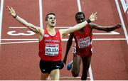 8 March 2015; Czech Republic's Jackub Holusa celebrates as he crosses the line ahead of second placed Ilham Tanui Ozbilen, Turkey, right, on the finish line of the Men's 3000m Final. European Indoor Athletics Championships 2015, Day 4, Prague, Czech Republic. Picture credit: Pat Murphy / SPORTSFILE