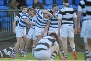 8 March 2015; Adam Thompson, second from left with mouthguard, Blackrock College, and teammates celebrare after Thompson scored the winning try in the final minute. Bank of Ireland Leinster Schools Junior Cup, Semi-Final, Belvedere College v Blackrock College, Donnybrook Stadium, Donnybrook, Dublin. Picture credit: Cody Glenn / SPORTSFILE
