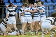 8 March 2015; Adam Thompson, with mouthguard, Blackrock College, celebrates with teammates after scoring the winning try in the final minute. Bank of Ireland Leinster Schools Junior Cup, Semi-Final, Belvedere College v Blackrock College, Donnybrook Stadium, Donnybrook, Dublin. Picture credit: Cody Glenn / SPORTSFILE