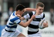 8 March 2015; David Sanfey, Belvedere College, is tackled by Joey Caputo, Blackrock College. Bank of Ireland Leinster Schools Junior Cup, Semi-Final, Belvedere College v Blackrock College, Donnybrook Stadium, Donnybrook, Dublin. Picture credit: Cody Glenn / SPORTSFILE