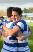 8 March 2015; Joey Caputo, Blackrock College, celebrates with teammate Louis O'Reilly after the win. Bank of Ireland Leinster Schools Junior Cup, Semi-Final, Belvedere College v Blackrock College, Donnybrook Stadium, Donnybrook, Dublin. Picture credit: Cody Glenn / SPORTSFILE