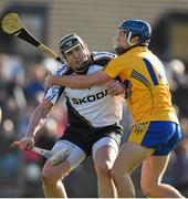 8 March 2015; Tipperary goalkeeper Darren Gleeson in action against Shane O'Donnell, Clare. Allianz Hurling League, Division 1A, Round 3, Clare v Tipperary. Cusack Park, Ennis, Co. Clare. Picture credit: Diarmuid Greene / SPORTSFILE
