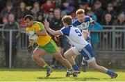 8 March 2015; Frank McGlynn, Donegal, in action against Dessie Mone and Daniel McKenna, Monaghan. Allianz Football League, Division 1, Round 4, Donegal v Monaghan, O’Donnell Park, Letterkenny, Co. Donegal. Picture credit: Oliver McVeigh / SPORTSFILE