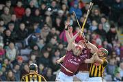 8 March 2015; Joe Canning and Jonathan Glynn, Galway, in action against Kieran Joyce, Kilkenny. Allianz Hurling League, Division 1A, Round 3, Galway v Kilkenny, Pearse Stadium, Galway. Picture credit: Ray Ryan / SPORTSFILE
