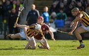 8 March 2015; Kieran Joyce and Lester Ryan, Kilkenny in action against Joe Canning, Galwal. Allianz Hurling League, Division 1A, Round 3, Galway v Kilkenny, Pearse Stadium, Galway. Picture credit: Ray Ryan / SPORTSFILE