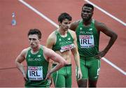 8 March 2015; Ireland 4x400m Relay team members, from left, Harry Purcell, Timmy Crowe and Brandon Arrey in after the Men's 4x400m Relay Final event, where they finished in 6th position with a time of 3:10.61. European Indoor Athletics Championships 2015, Day 4, Prague, Czech Republic. Picture credit: Pat Murphy / SPORTSFILE