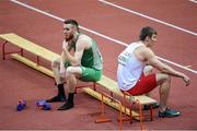 8 March 2015; Ireland 4x400m Relay team member Dara Kervick and Poland's Karol Zalewski after the Men's 4x400m Relay Final event, where they finished in 6th position with a time of 3:10.61. European Indoor Athletics Championships 2015, Day 4, Prague, Czech Republic. Picture credit: Pat Murphy / SPORTSFILE