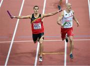 8 March 2015; Belgium 4x400m Relay team member Kevin Borlee races past Poland's Jakub Krzewina, right, during the final stages of the Men's 4x400m Relay Final. European Indoor Athletics Championships 2015, Day 4, Prague, Czech Republic. Picture credit: Pat Murphy / SPORTSFILE