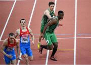 8 March 2015; Ireland 4x400m Relay team members Harry Purcell and Brandon Arrey, front, in action during the Men's 4x400m Relay Final event, where they finished in 6th position with a time of 3:10.61. European Indoor Athletics Championships 2015, Day 4, Prague, Czech Republic. Picture credit: Pat Murphy / SPORTSFILE