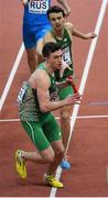 8 March 2015; Ireland 4x400m Relay team members Timmy Crowe and Harry Purcell, front, in action during the Men's 4x400m Relay Final event, where they finished in 6th position with a time of 3:10.61. European Indoor Athletics Championships 2015, Day 4, Prague, Czech Republic. Picture credit: Pat Murphy / SPORTSFILE