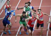 8 March 2015; Ireland 4x400m Relay team members Timmy Crowe and Dara Kervick, behind, in action during the Men's 4x400m Relay Final event, where they finished in 6th position with a time of 3:10.61. European Indoor Athletics Championships 2015, Day 4, Prague, Czech Republic. Picture credit: Pat Murphy / SPORTSFILE