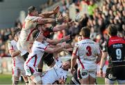 8 March 2015; Ulster's Nick Williams and Robbie Diack compete with James Thomas, Newport Gwent Dragons, for the ball. Guinness PRO12, Round 17, Newport Gwent Dragons v Ulster, Rodney Parade, Newport, Wales. Picture credit: Steve Pope / SPORTSFILE