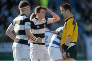 8 March 2015; Referee Dermot Blake talks to Belvedere College players Ruadhan Byron, left, and Harry Beggy. Bank of Ireland Leinster Schools Junior Cup, Semi-Final, Belvedere College v Blackrock College, Donnybrook Stadium, Donnybrook, Dublin. Picture credit: Cody Glenn / SPORTSFILE