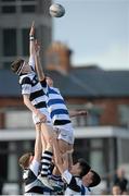 8 March 2015; Luke McDermott, Belvedere College, contests a lineout with James Burke, Blackrock College. Bank of Ireland Leinster Schools Junior Cup, Semi-Final, Belvedere College v Blackrock College, Donnybrook Stadium, Donnybrook, Dublin. Picture credit: Cody Glenn / SPORTSFILE
