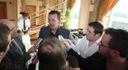 19 February 2008; Glentoran manager Alan McDonald being interviewed by journalists at the Launch of the Setanta Sports Cup 2008. Lord Mayor's Parlour, Clarendon Docks, Belfast, Co. Antrim. Picture credit; Oliver McVeigh / SPORTSFILE