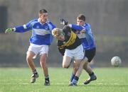 19 February 2008; Barry Keogh, Colaiste Eanna, in action against Andrew Kelly, left, and Sean Reilly, Old Bawn. Dublin Schools Senior Football B Semi-Final, Old Bawn Community School v Colaiste Eanna, UCD, Belfield, Dublin. Picture credit; Stephen McCarthy / SPORTSFILE