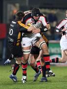 15 February 2008; Stephen Ferris, Ulster, in action against Ceri Sweeney and Ashley Smith, Dragons. Magners League, Ulster v Dragons, Ravenhill Park, Belfast, Co. Antrim. Picture credit; Oliver McVeigh / SPORTSFILE