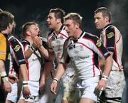 15 February 2008; Ryan Caldwell, Ulster, centre, celebrates with team mates after scoring the first try. Magners League, Ulster v Dragons, Ravenhill Park, Belfast, Co. Antrim. Picture credit; Oliver McVeigh / SPORTSFILE