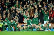 23 February 2008; Ireland players, from right, Eoin Reddan, Jamie Heaslip, Ronan O'Gara, John Hayes and captain Brian O'Driscoll celebrate as Andrew Trimble scored their side's fifth try. RBS Six Nations Rugby Championship, Ireland v Scotland, Croke Park, Dublin. Picture credit; Brendan Moran / SPORTSFILE