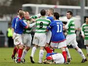 23 February 2008; Linfield's William Murphy involved in a tussle with Donegal Celtic's Stephen McAlorum. Carnegie Premier league, Donegal Celtic v Linfield, Celtic Park, Belfast, Co. Antrim. Picture credit; Mark Jones / SPORTSFILE