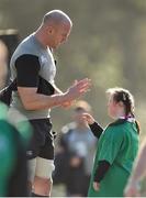 10 March 2015; Ireland's captain Paul O'Connell gives a 'high five' to Ireland rugby supporter Jennifer Malone, from Clane, Co. Kildare, as he arrives for squad training. Carton House, Maynooth, Co. Kildare. Picture credit: Brendan Moran / SPORTSFILE