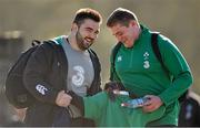 10 March 2015; Ireland rugby supporter Jennifer Malone, from Clane, Co. Kildare, hugs Ireland's Martin Moore, left, and Tadhg Furlong on their arrival for squad training. Carton House, Maynooth, Co. Kildare. Picture credit: Brendan Moran / SPORTSFILE