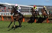 10 March 2015; Douvan, with Ruby Walsh up, jumps the last, ahead of Sizing John, second from right, and Shaneshill, on the way to winning the Supreme Novices' Hurdle. Cheltenham Racing Festival 2015, Prestbury Park, Cheltenham, England. Picture credit: Ramsey Cardy / SPORTSFILE