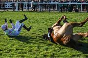 10 March 2015; Jockey Ruby Walsh is dismounted from Annie Power at the final fence in the David Nicholson Mares' Hurdle. Cheltenham Racing Festival 2015, Prestbury Park, Cheltenham, England. Picture credit: Ramsey Cardy / SPORTSFILE